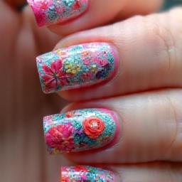 Vernis gel vibrant avec un nail art floral complexe et détaillé.