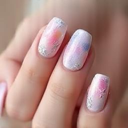 Design d'ongles abstrait créatif dans des tons pastel doux.